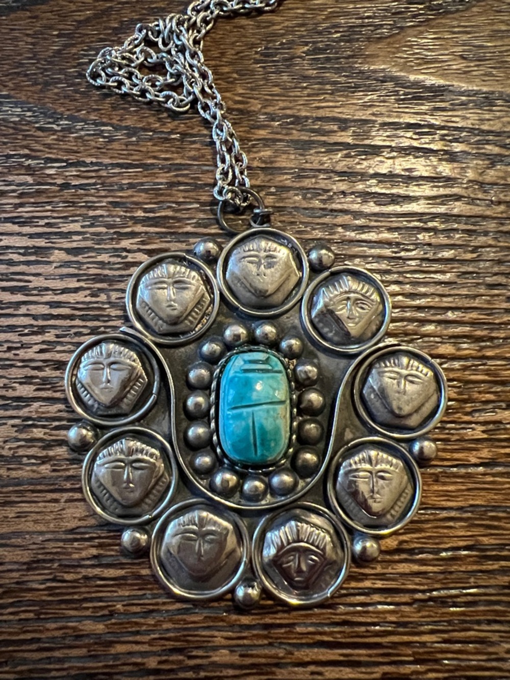 Vintage Egyptian Revival Silver Metal Scarab Snake Pendant Necklace Huge